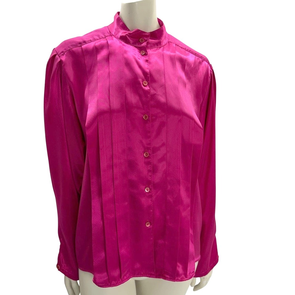 Vintage Esprit‎ Fuchsia Pink Satin Blouse Pintuck Pleated Mandarin Collar 90s M